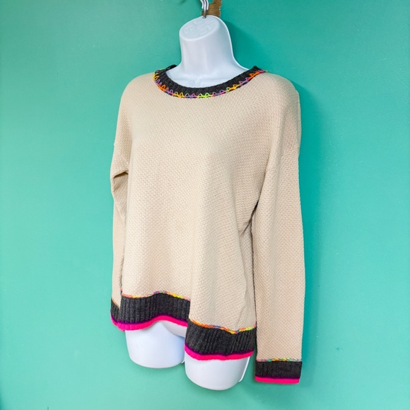 Lisa Todd Cream/Tan & Neon Rainbow Colorblock Border Order Knit Cotton Sweater M - Picture 4 of 8